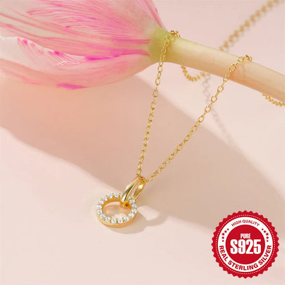 Women's S925 sterling silver clavicle chain necklace with gold colour finish and interlocking zircon design