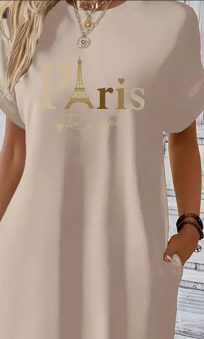 Midi Paris Print Crew Neck Tunic Dress with geometric pattern and dual pockets