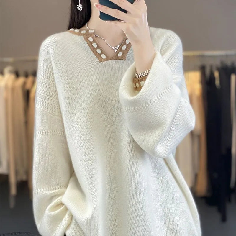 Women's V-neck pullover sweater in camel or white with long sleeves, sizes S to 3XL