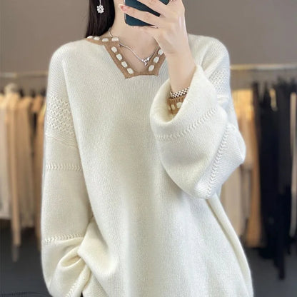 Women's V-neck pullover sweater in camel or white with long sleeves, sizes S to 3XL