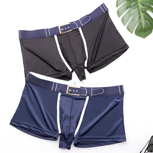 A pair of men's solid colour ice silk boxers on a mid waist model.