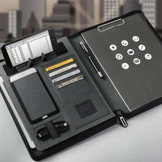 Premium Business Organizer with Wireless Charging Power Bank, File Holder, and Notepad