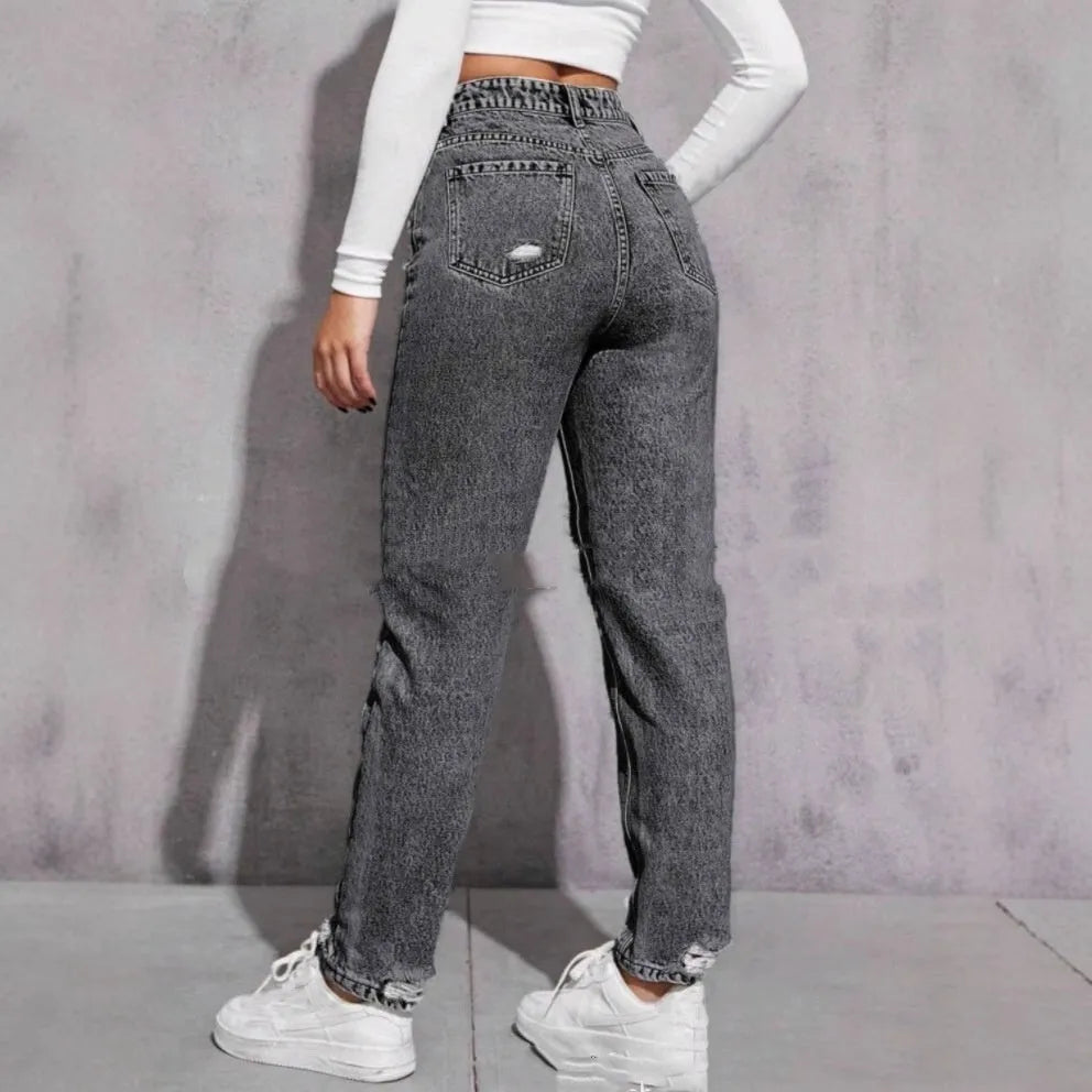 Women's ripped washed skinny jeans in cotton denim with medium stretch, high or mid waist, light blue to dark blue, S to 2XL.