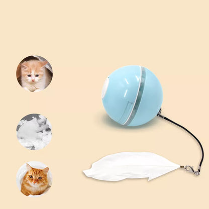 Automatic LED cat ball toy with feather and bell attachments in pink, blue, or white