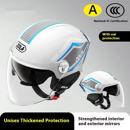 Men's and women's battery motorcycle half helmet with double mirror visor in light brown colour, 3C-certified ABS construction