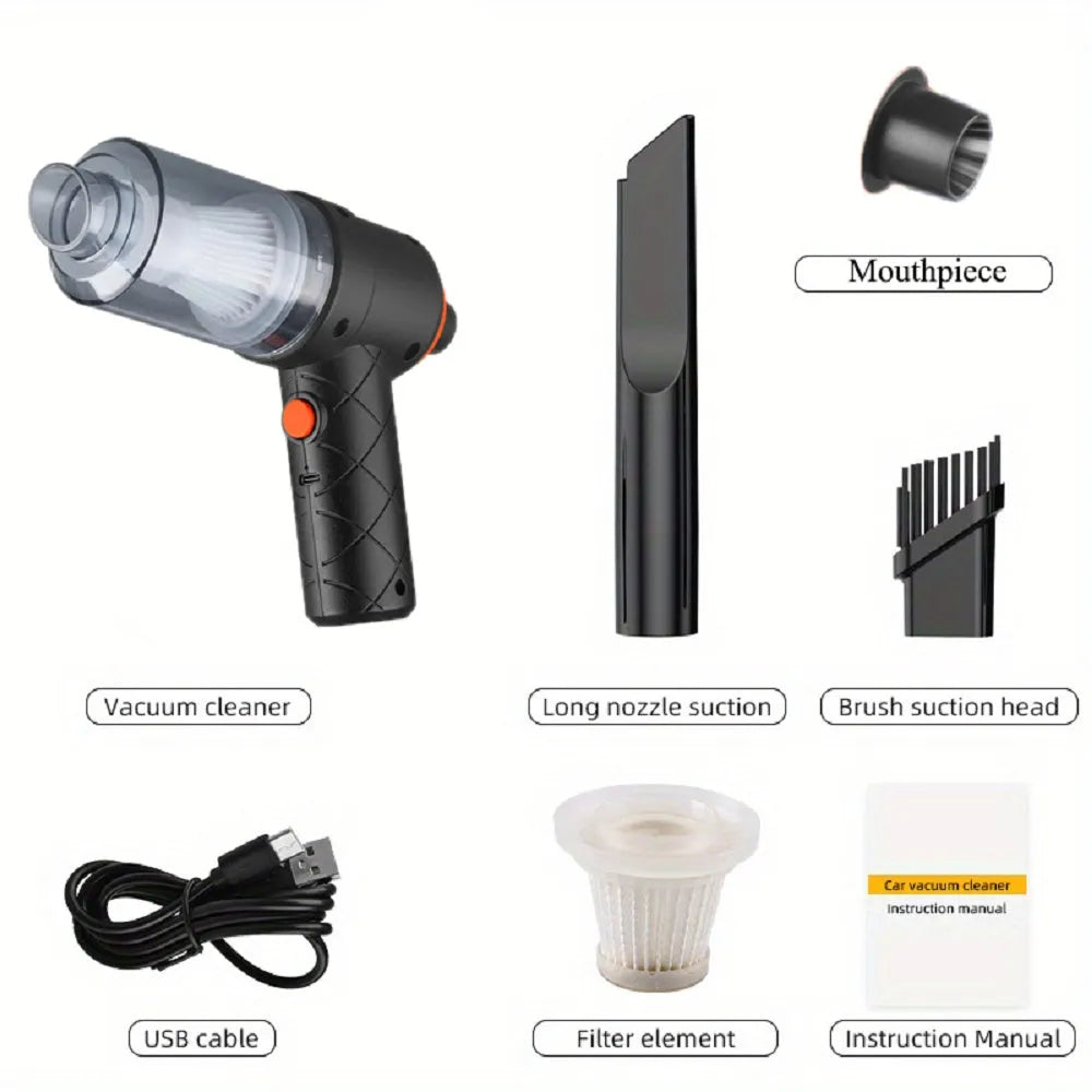 Black wireless mini car vacuum cleaner with strong suction for car and home cleaning