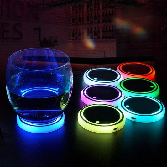 Colorful LED cup holder coaster with 7 color lighting options, solar and USB charging capabilities, and non-slip design for secure drinks in your car