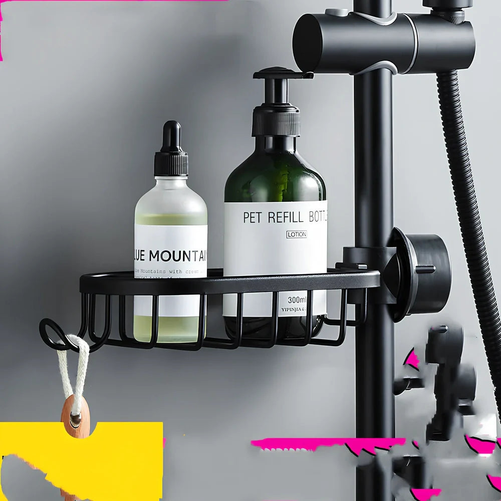 Black aluminium shower storage rack with shelves for bathroom organisation