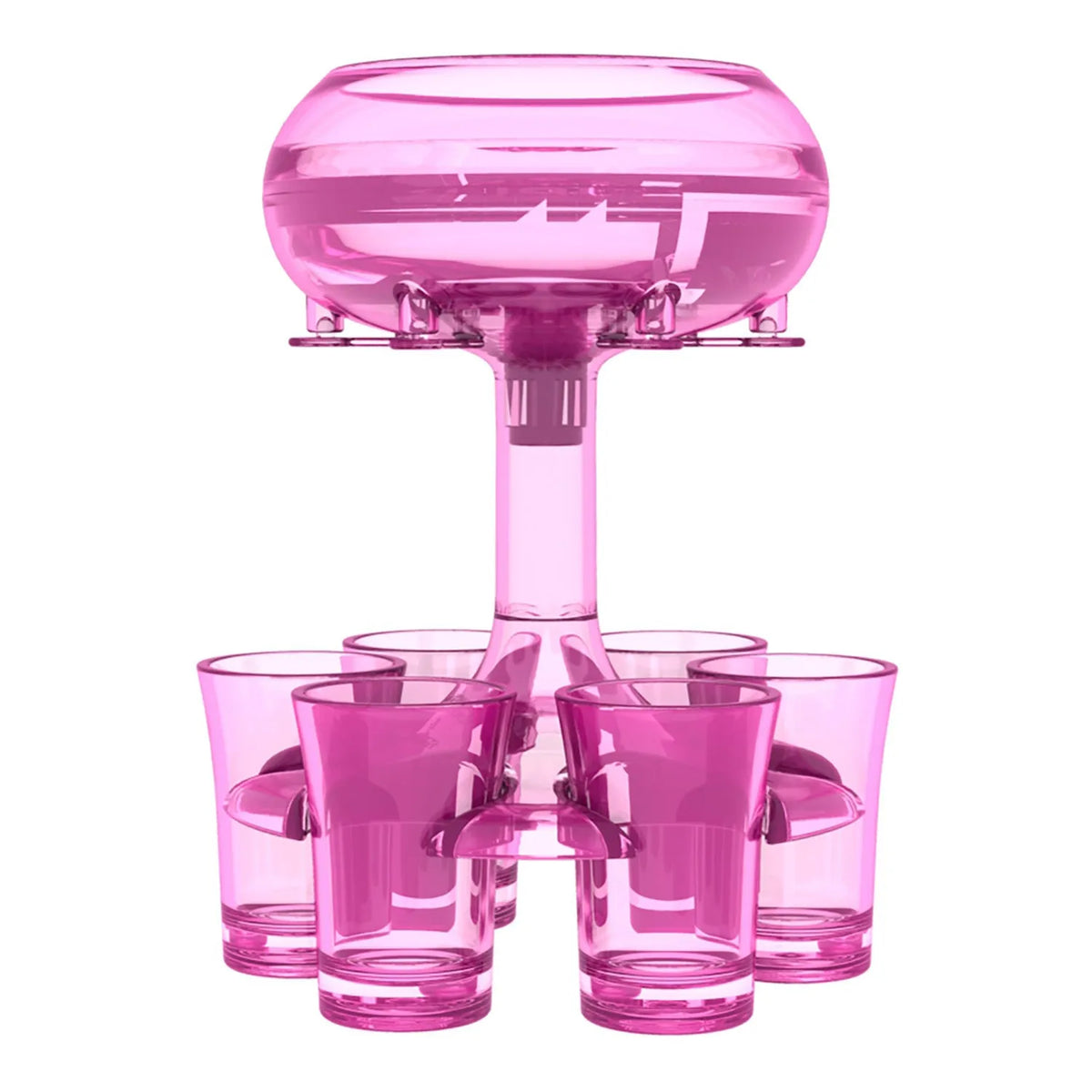 Transparent PMMA 6-shot glass dispenser stand with six shot glasses on a bar