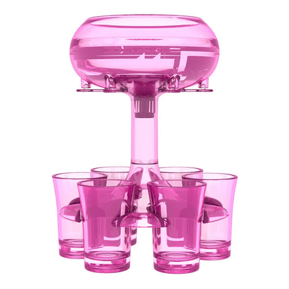Transparent PMMA 6-shot glass dispenser stand with six shot glasses on a bar