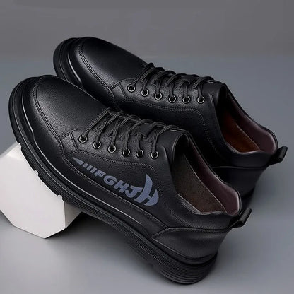 Men's black and khaki leather business shoes with round toe, front tie, and low rubber sole
