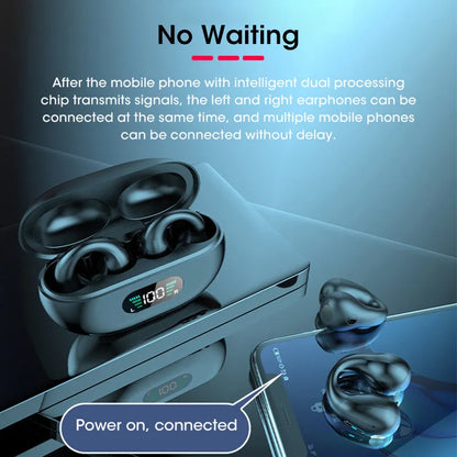 Bone conduction Bluetooth headset clip in black resting on ear with charging cable