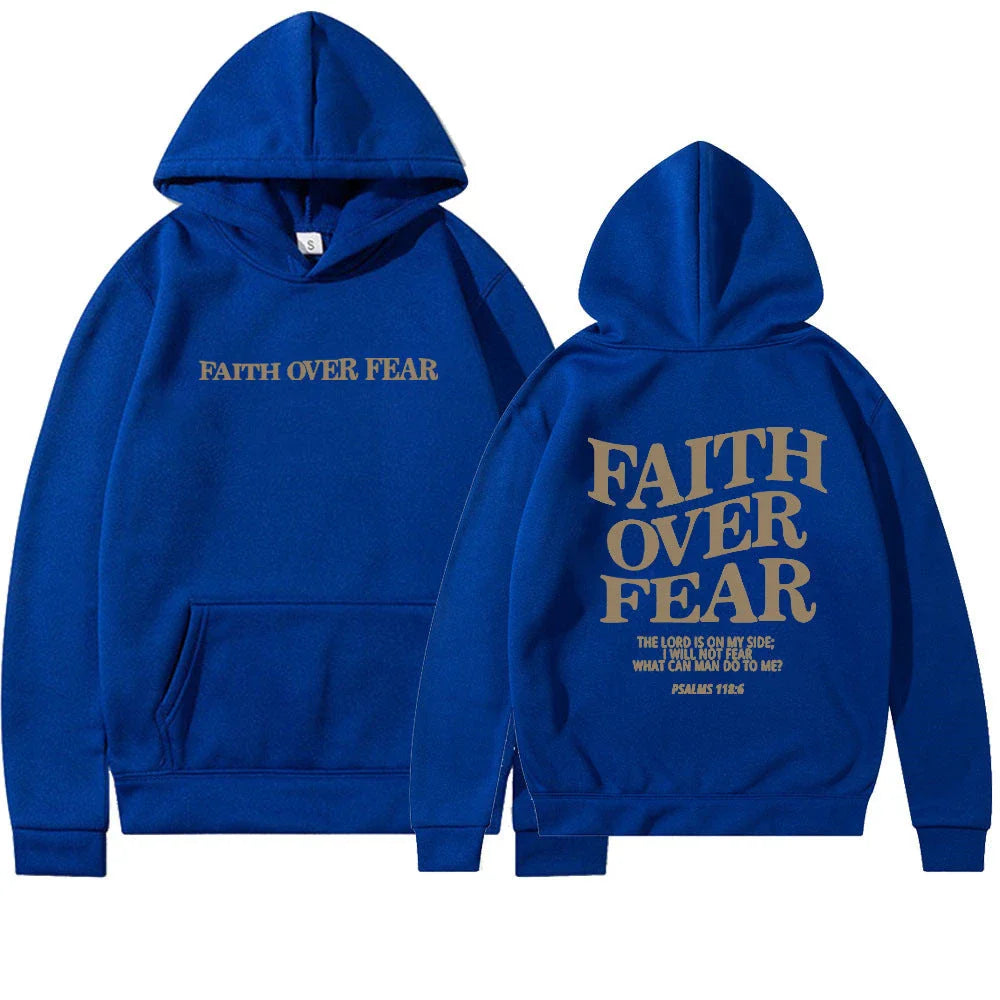 A stylish Christian hoodie with inspirational graphics and a message of faith over fear