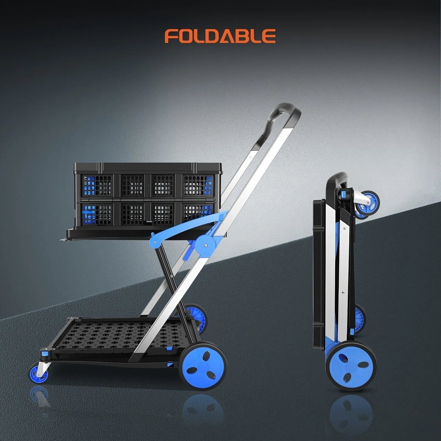Blue foldable shopping cart with a double-layer plastic basket standing upright.