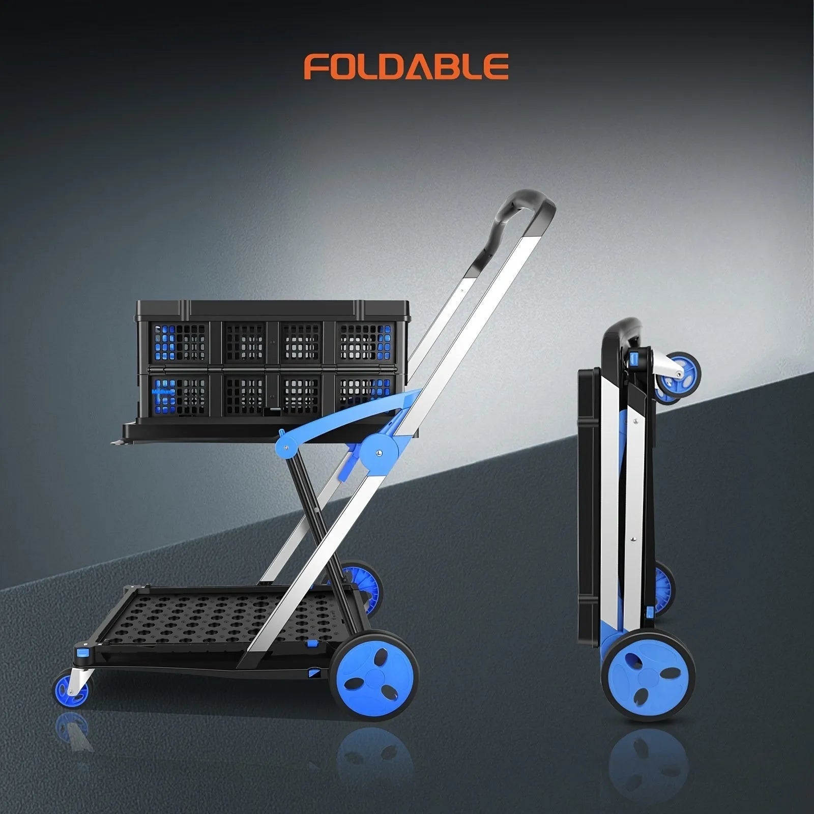 Blue foldable shopping cart with a double-layer plastic basket standing upright.