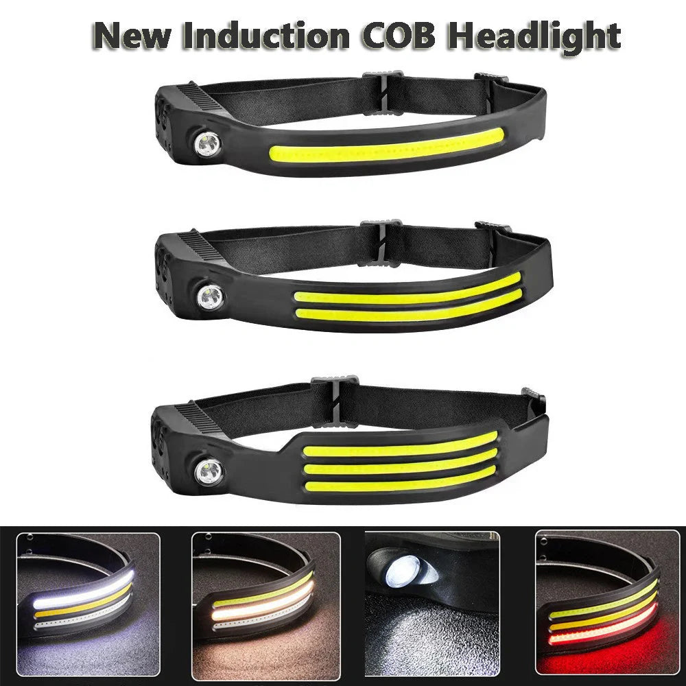 USB rechargeable LED induction headlamp for camping and hunting with adjustable headband