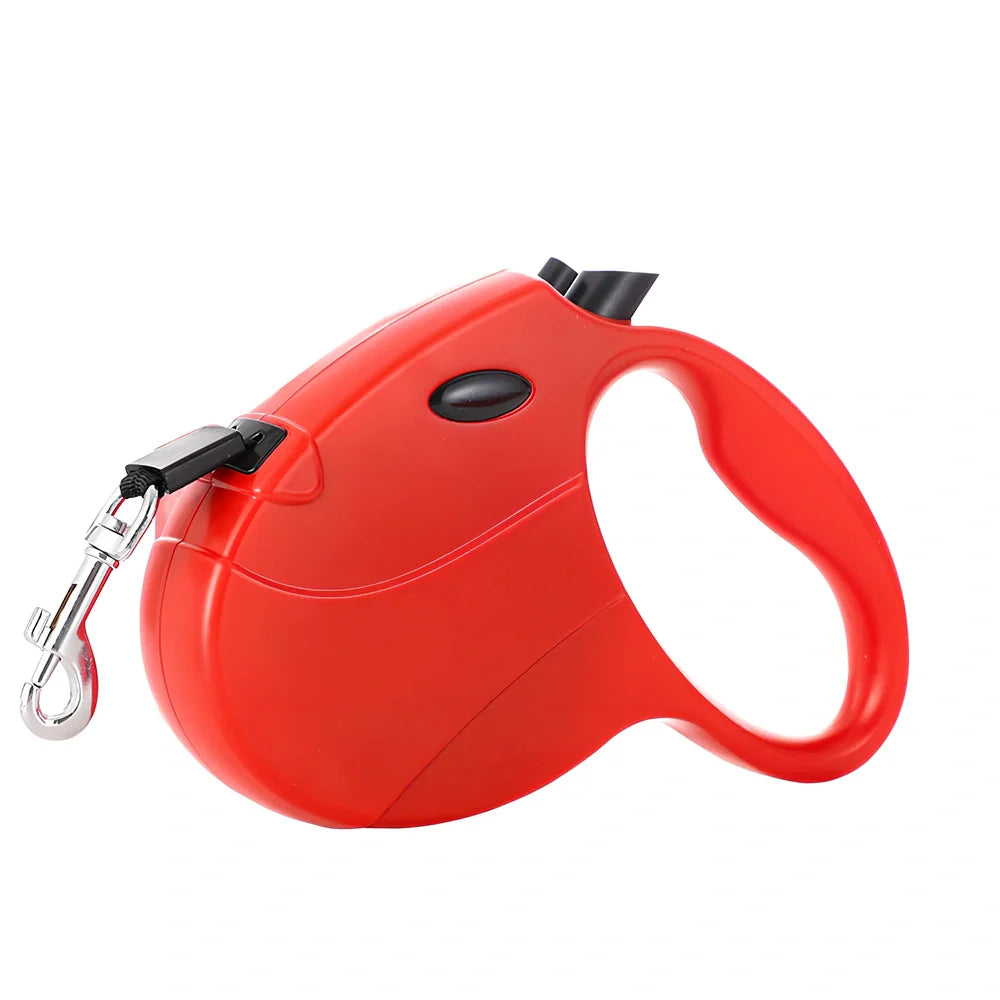 Automatic telescopic pet traction rope showing compact 140x168mm size and ABS plastic construction