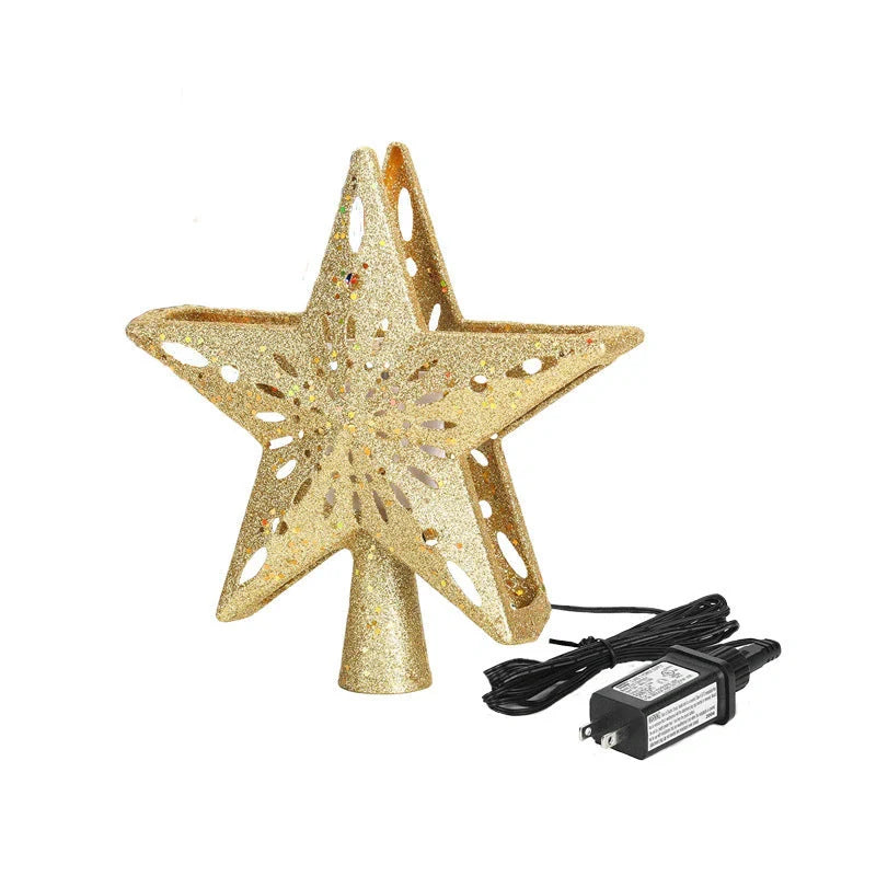 3D Glitter Silver Snow Christmas Tree Topper with LED Snowflake Projector illuminating a room with festive patterns
