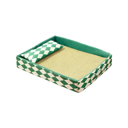 Blue rattan cat bed and litter mat in a large size, showing woven texture and rectangular shape.