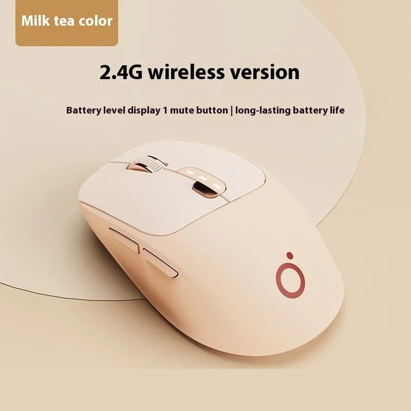 Mute wireless Bluetooth computer mouse in Matcha Green colour on a desk, showing its compact size and 5-button layout.