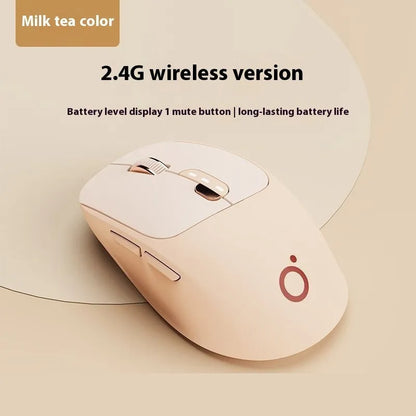 Mute wireless Bluetooth computer mouse in Matcha Green colour on a desk, showing its compact size and 5-button layout.