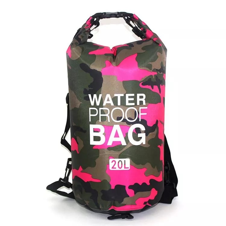 Camouflage polyester waterproof bag with PVC for outdoor activities, available in multiple colors and sizes.