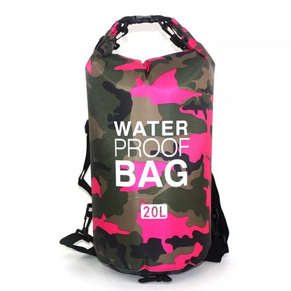 Camouflage polyester waterproof bag with PVC for outdoor activities, available in multiple colors and sizes.