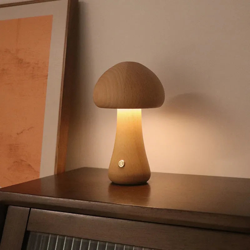 Wooden mushroom LED night light with touch switch, 165 x 100mm, in beech or walnut colour for bedside table use