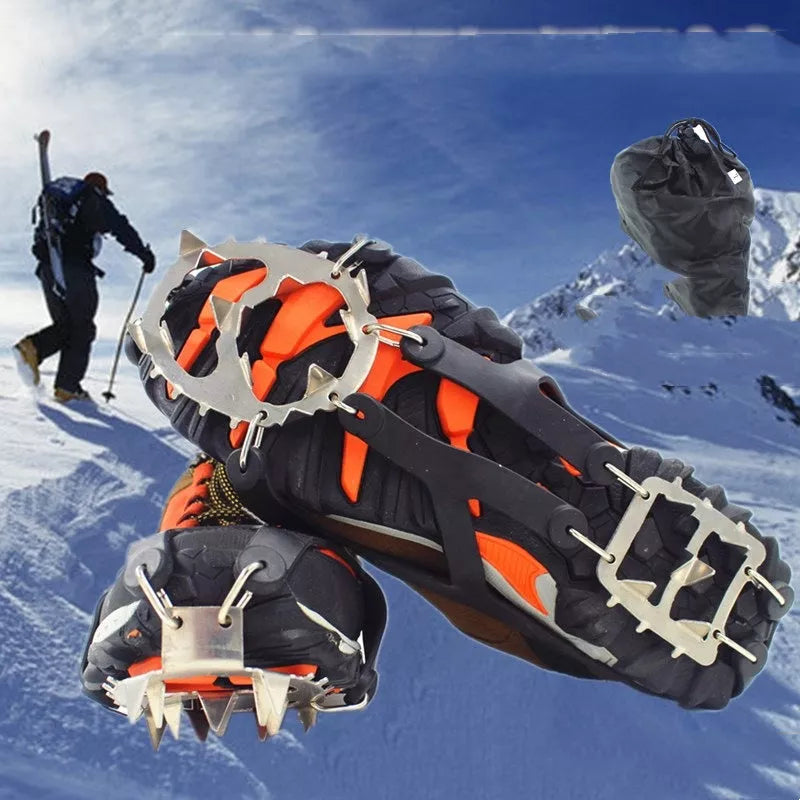 Reinforced large-tooth non-slip shoes in black and orange for superior traction on slippery surfaces