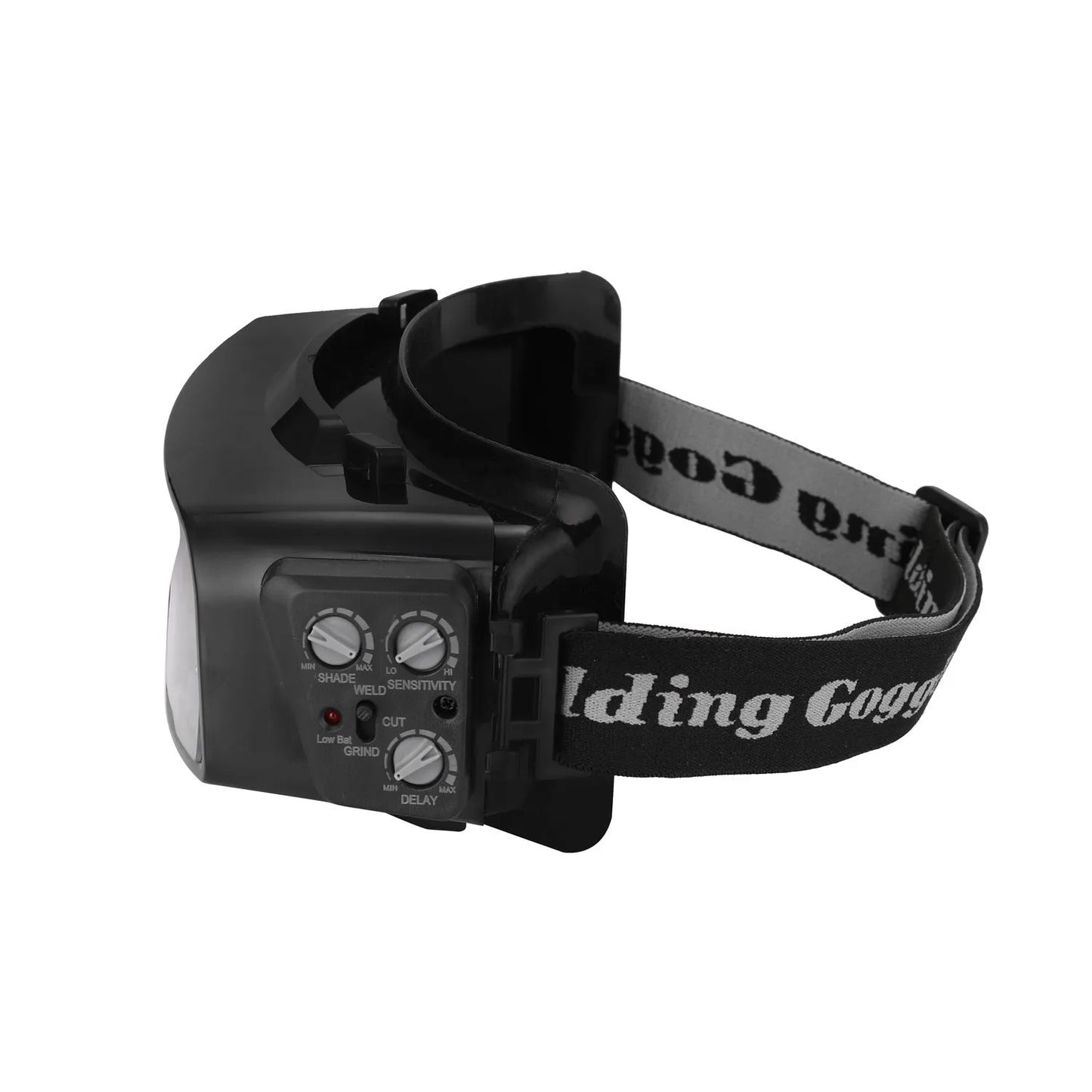 Black automatic welding mask with auto-darkening lens showing 122.5x35mm viewing area and dual sensors