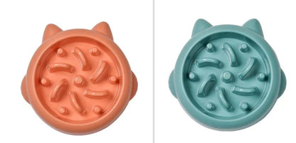 PP plastic slow feeder dog bowl with bone-shaped obstacles in green, pink or orange