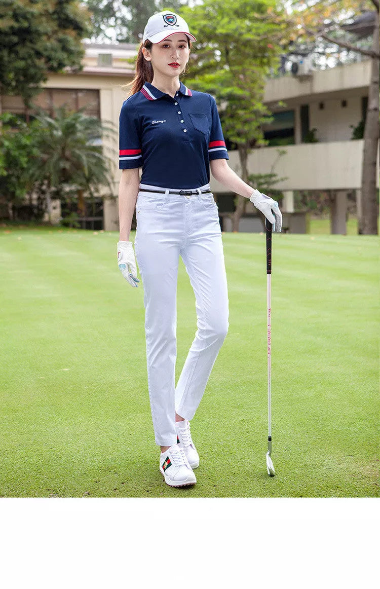 Women's golf long-sleeve t-shirt with stand-up collar and sun protection in navy blue and lake green