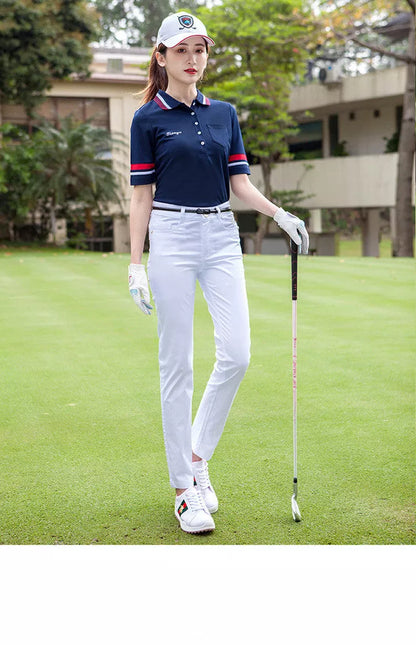 Women's golf long-sleeve t-shirt with stand-up collar and sun protection in navy blue and lake green