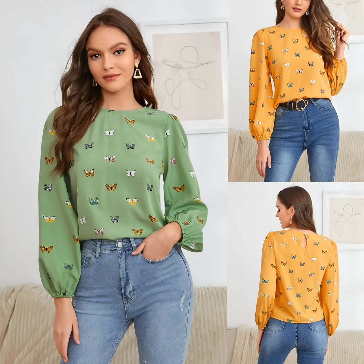 Women's loose fit long-sleeved shirt with colourful butterfly print in green colour option