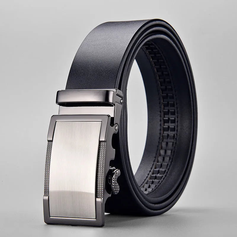 Men's two-layer cowhide leather belt with alloy automatic buckle, black or brown, 110cm to 130cm, 2-4cm width