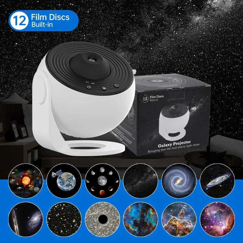 Starry sky projection from a compact, adjustable galaxy projector lamp for creating a soothing, ambient lighting experience in any room.