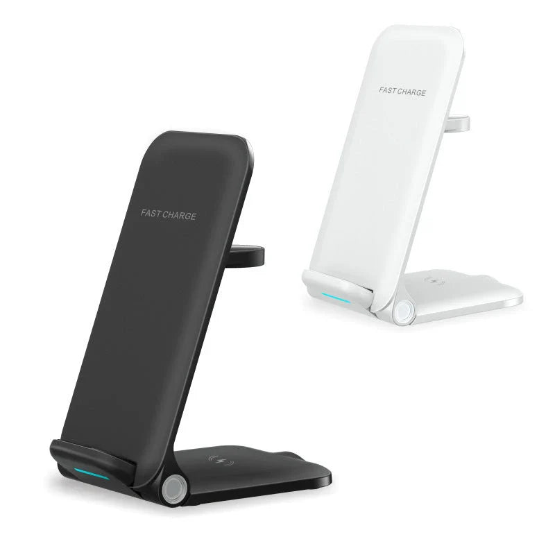 Sleek 3-in-1 wireless charging station with adjustable stand and foldable design for convenient desktop charging