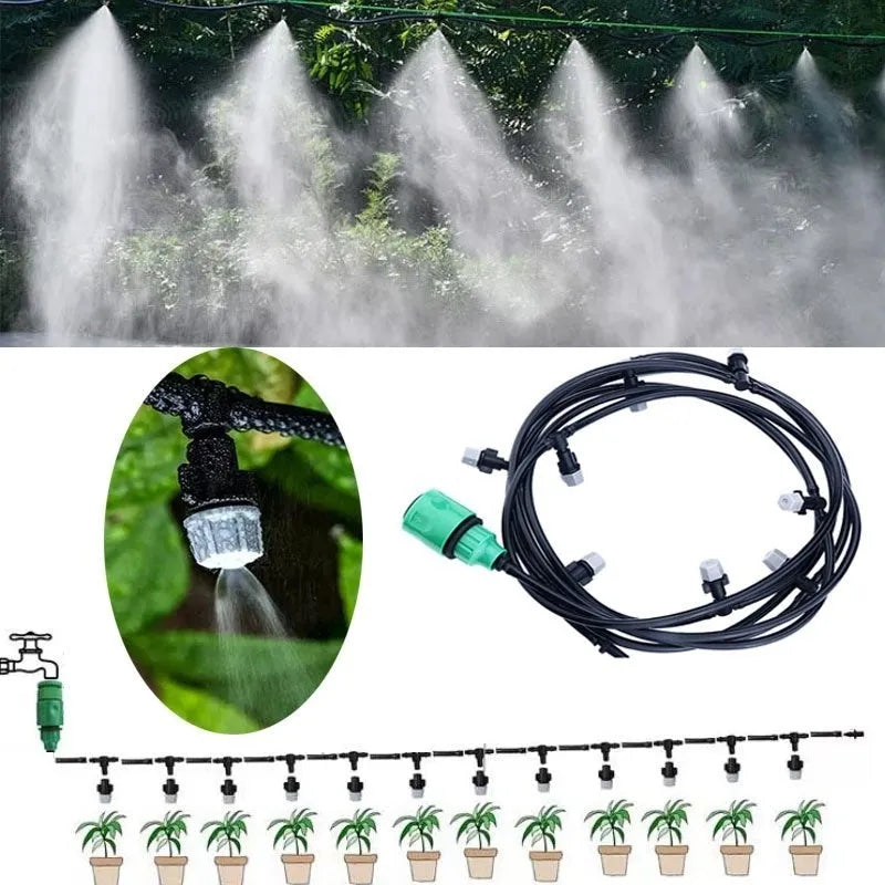 Green 10-metre garden irrigation hose with micro-spray system for water mist cooling