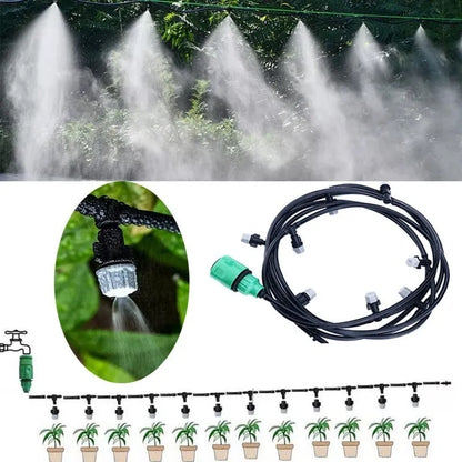 Green 10-metre garden irrigation hose with micro-spray system for water mist cooling