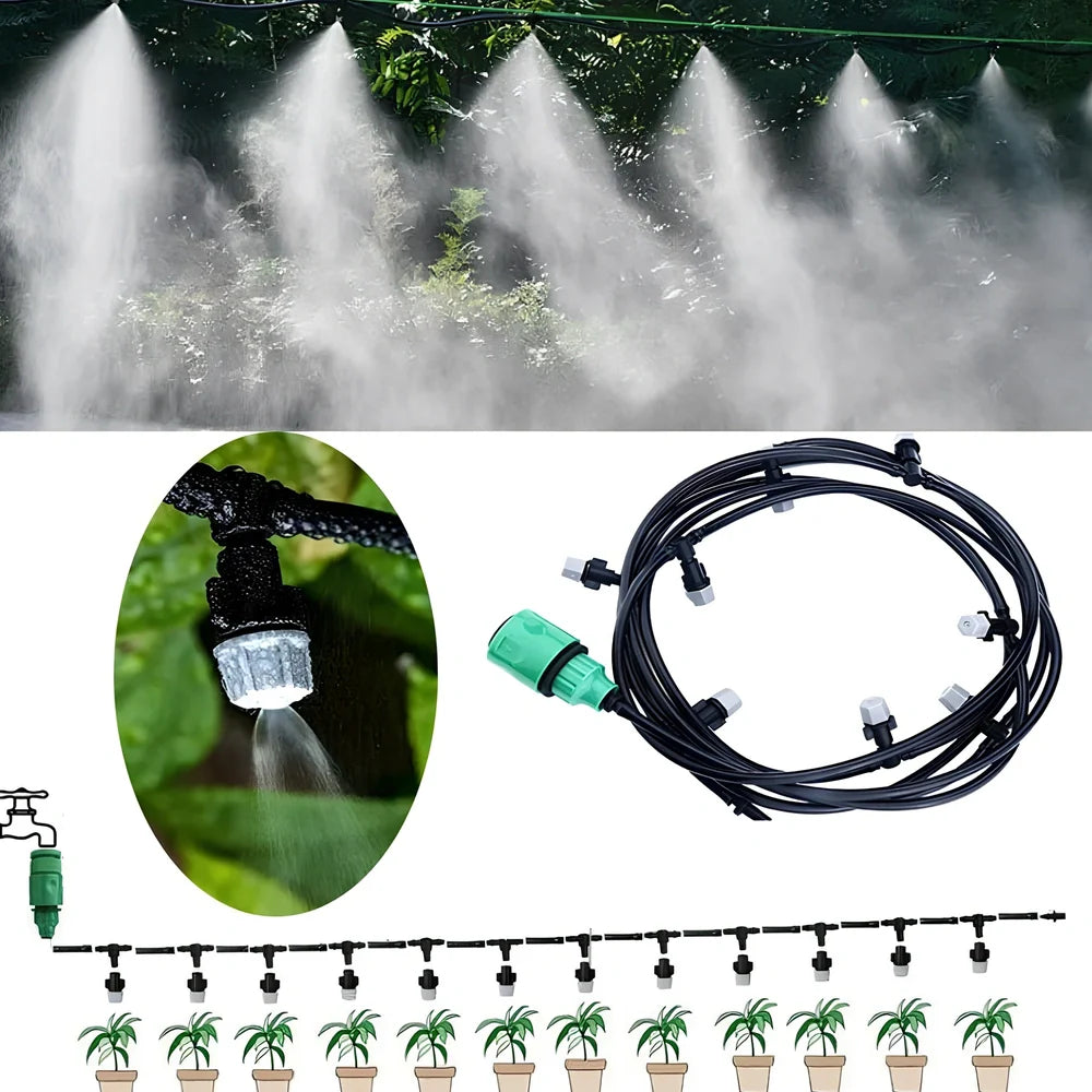 10m garden irrigation hose with 10 spray heads for mist watering and plant temperature control