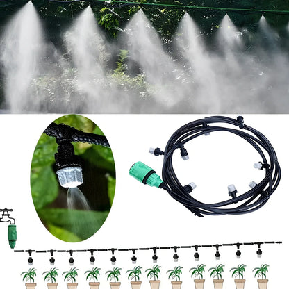 10m garden irrigation hose with 10 spray heads for mist watering and plant temperature control