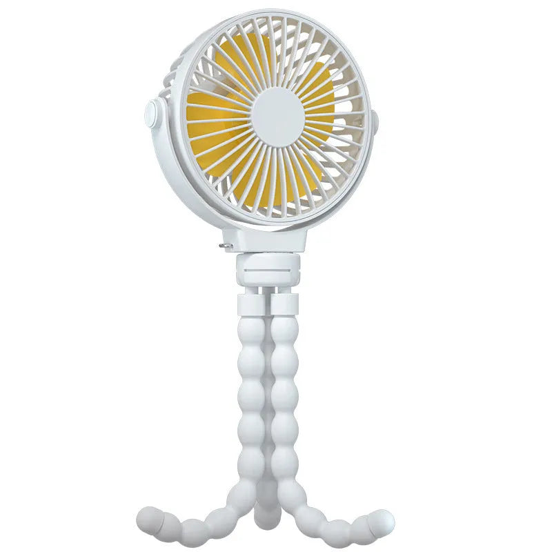 Black flexible tripod clip fan with USB charging cable, showing wrapped legs and blade guard.