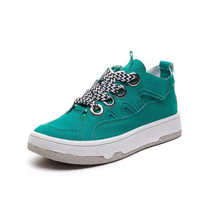 Women's canvas platform shoes in green, beige, and pink with breathable design and rubber sole