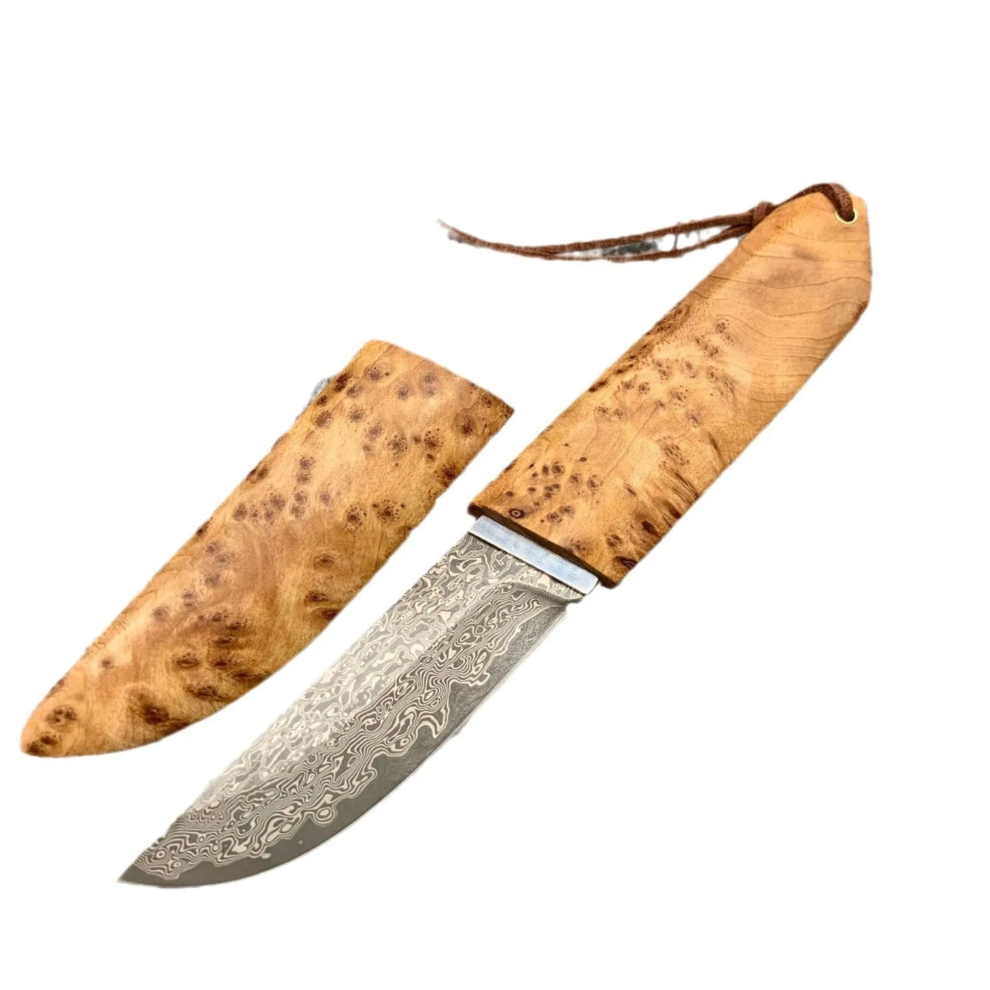 Outdoor Damascus steel short knife with Thuja wood handle showing 18cm length