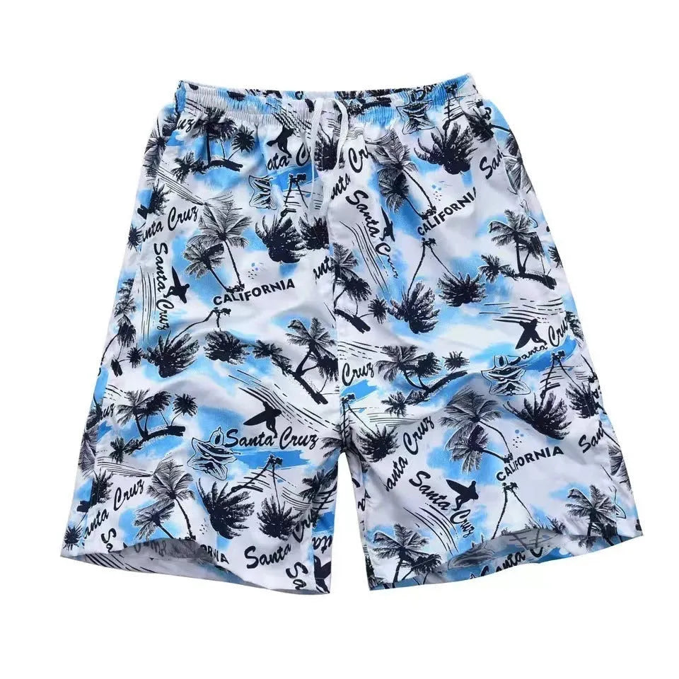 Men's floral printed swimming trunks in polyester fabric showing multiple pattern options for beach and pool use