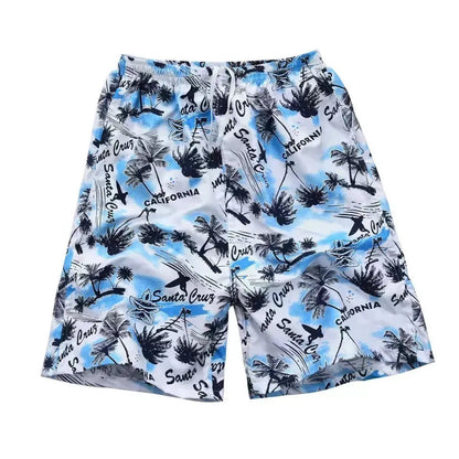 Men's floral printed swimming trunks in polyester fabric showing multiple pattern options for beach and pool use