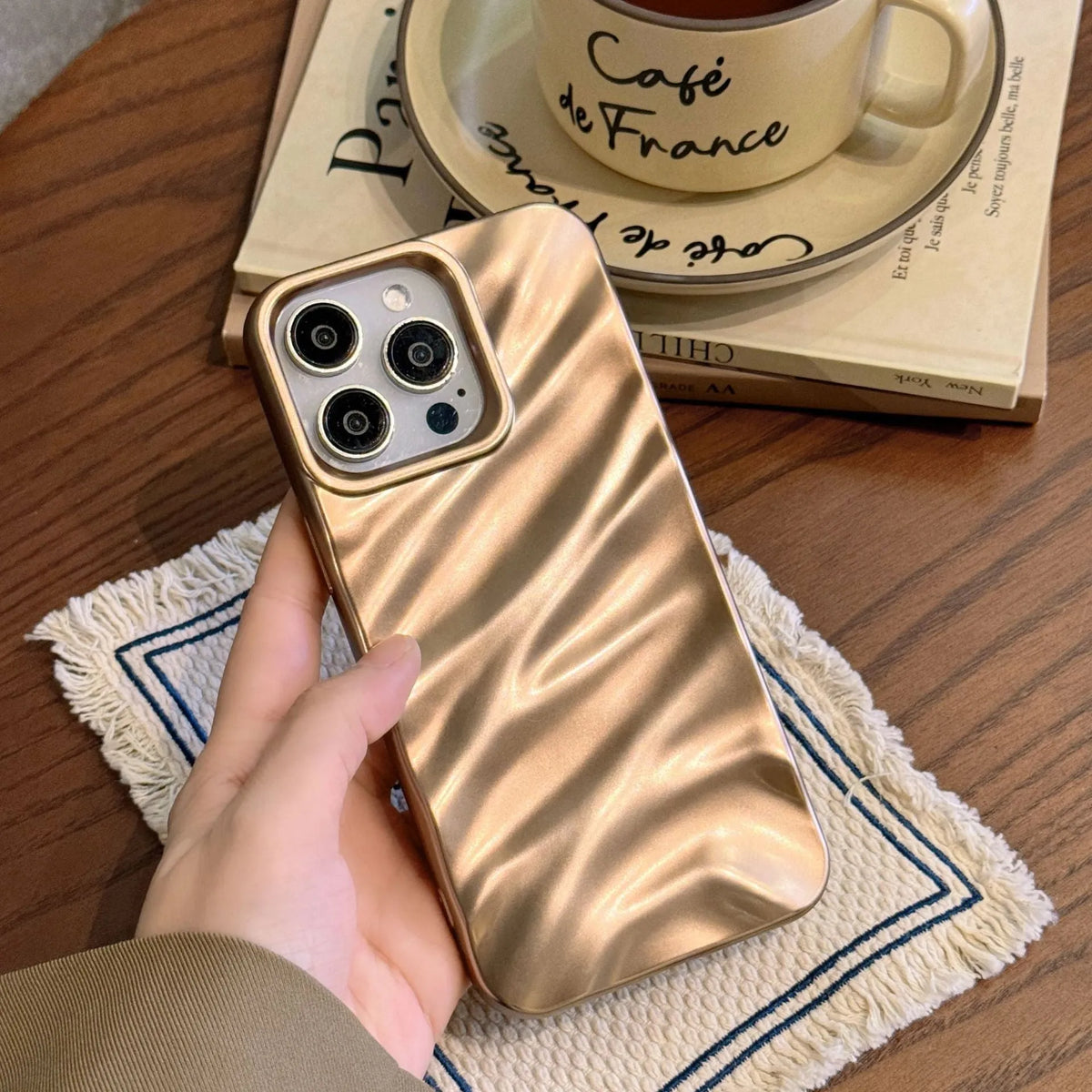 Purple TPU back cover phone case with Desert Gold silk pattern and three-dimensional design for selected iPhone models.