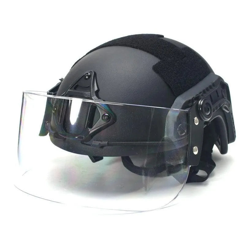 Transparent polycarbonate face shield helmet attachment with guide rail mount measuring 30cm by 15cm
