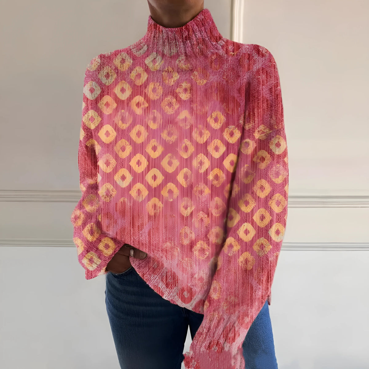 3D floral high neck long sleeve pullover sweater in wool woven fabric and polyester, sizes XXS to XXXL