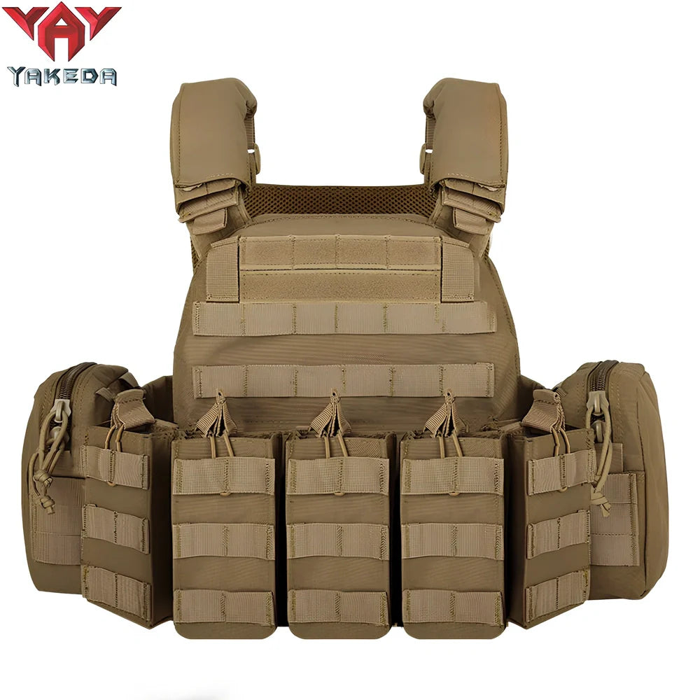 Combat camouflage tactical vest with adjustable waist showing 600D polyester construction and multiple pattern options